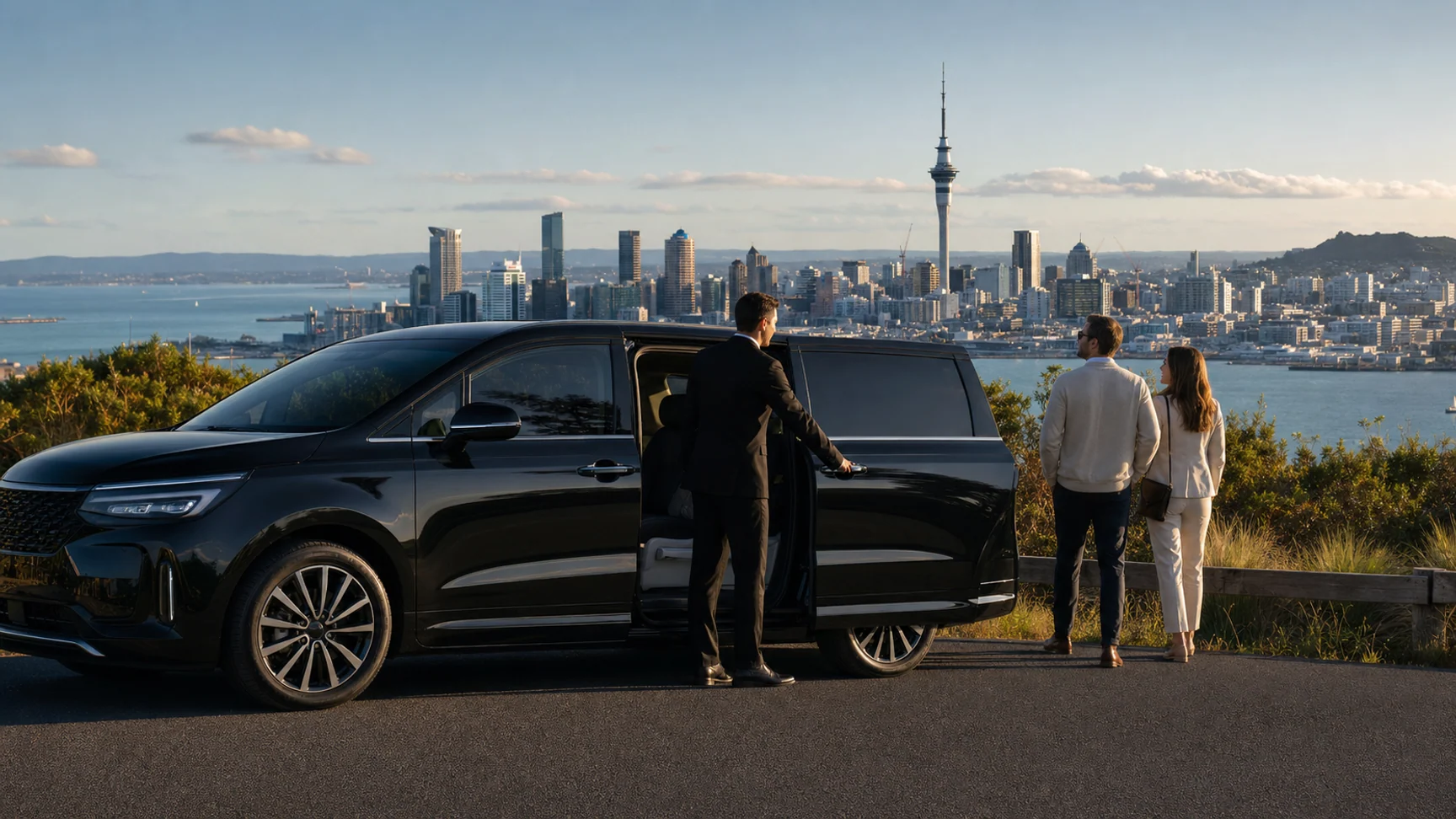 Private Auckland tour guests overlooking the city with their driver and vehicle